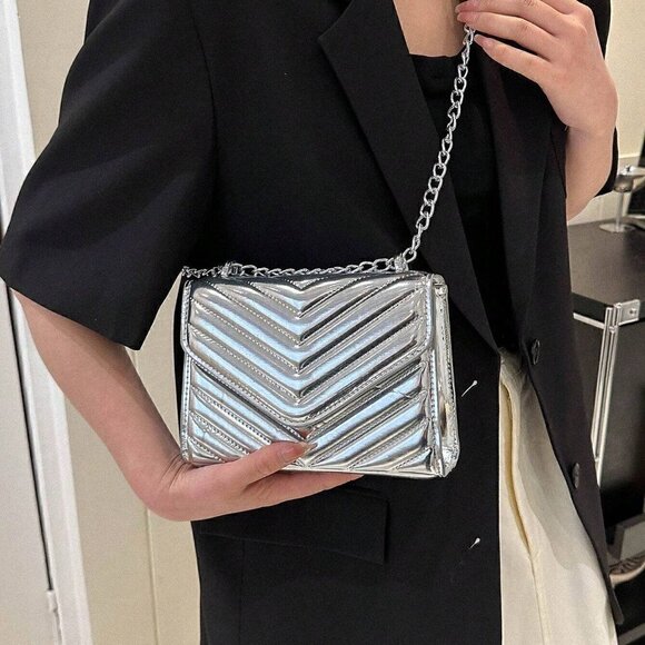 Silver Preppy Womens Mini Square Bag Chevron Detail Flap Chain Metallic - Picture 3 of 5